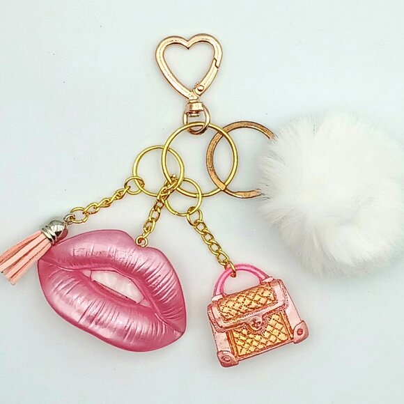 Colorful Pom Pom Keychain with Resin Purse, Lips & Tassel | Cute Bag Charm - Picture 1 of 2
